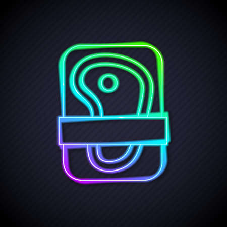 Glowing neon line Meat packaging steak icon isolated on black background. Fresh meat beef steak in plastic package. Organic product. Vectorのイラスト素材
