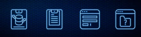 Set line Browser window, Server, Data, Web Hosting, report and File missing. Glowing neon icon on brick wall. Vectorのイラスト素材