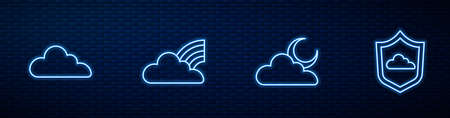 Set line Cloud with moon, , Rainbow clouds and Weather forecast. Glowing neon icon on brick wall. Vectorのイラスト素材