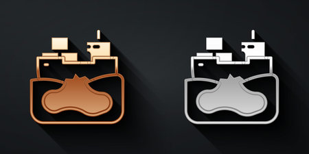 Gold and silver Wrecked oil tanker ship icon isolated on black background. Oil spill accident. Crash tanker. Pollution Environment concept. Long shadow style. Vectorのイラスト素材