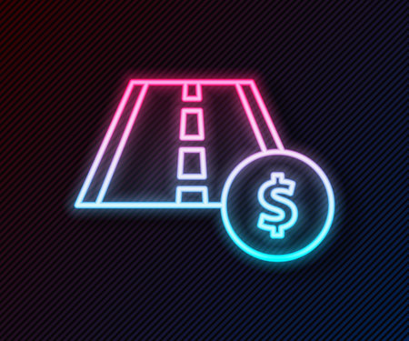 Glowing neon line Toll road traffic sign. Signpost icon isolated on black background. Pointer symbol. Street information sign. Direction sign. Vectorのイラスト素材