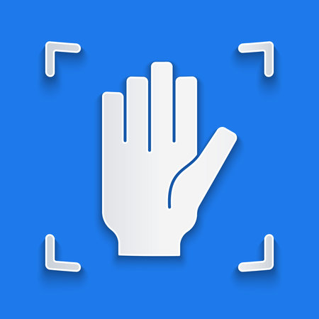 Paper cut Palm print recognition icon isolated on blue background. Biometric hand scan. Fingerprint...