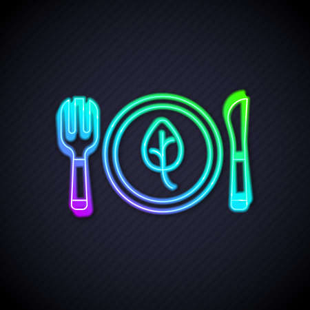 Glowing neon line Vegan food diet icon isolated Glowing neon line background. Organic, bio, eco symbol. Vegan, no meat, lactose free, healthy, fresh and nonviolent food. Vectorのイラスト素材