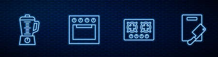 Set line Gas stove, Blender, Oven and Cutting board and meat chopper. Glowing neon icon on brick wall. Vectorのイラスト素材
