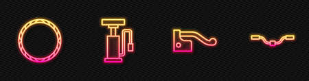 Set line Bicycle brake, wheel, air pump and handlebar. Glowing neon icon. Vectorのイラスト素材