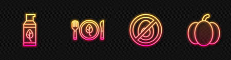 Set line No meat, Organic cosmetic, Vegan food diet and Pumpkin. Glowing neon icon. Vectorのイラスト素材