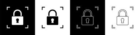 Set Fingerprint with lock icon isolated on black and white background. ID app icon. Identification sign. Touch id. Vectorのイラスト素材