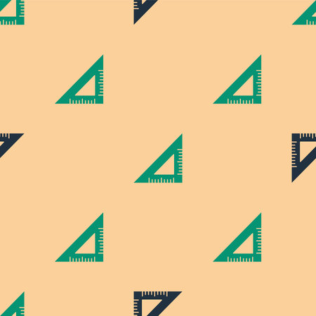 Green and black Triangular ruler icon isolated seamless pattern on beige background. Straightedge...