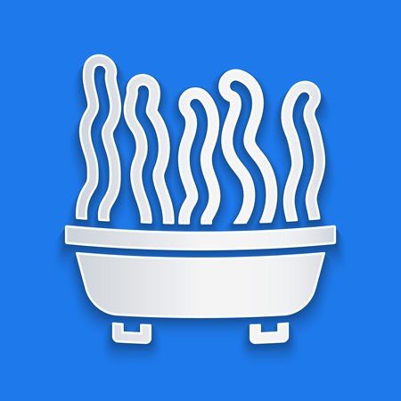 Paper cut Plant in pot icon isolated on blue background. Plant growing in a pot. Potted plant sign. Paper art style. Vectorのイラスト素材