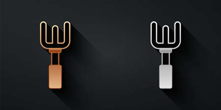 Gold and silver Garden rake icon isolated on black background. Tool for horticulture, agriculture, farming. Ground cultivator. Housekeeping equipment. Long shadow style. Vectorのイラスト素材