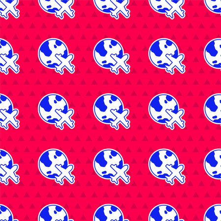 Blue Globe with flying plane icon isolated seamless pattern on red background. Airplane fly around...