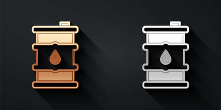 Gold and silver Barrel oil icon isolated on black background. Long shadow style. Vectorのイラスト素材