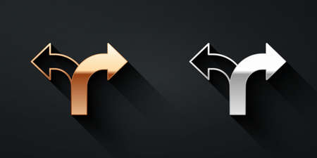Gold and silver Road traffic sign. Signpost icon isolated on black background. Pointer symbol. Isolated street information sign. Direction sign. Long shadow style. Vectorのイラスト素材