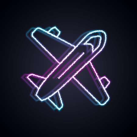 Glowing neon line Plane icon isolated on black background. Flying airplane icon. Airliner sign. Vectorのイラスト素材