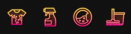 Set line Washer, Dirty t-shirt, Cleaning spray bottle and Mop and bucket. Glowing neon icon. Vectorのイラスト素材