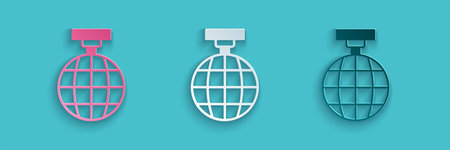 Paper cut Disco ball icon isolated on blue background. Paper art style. Vector