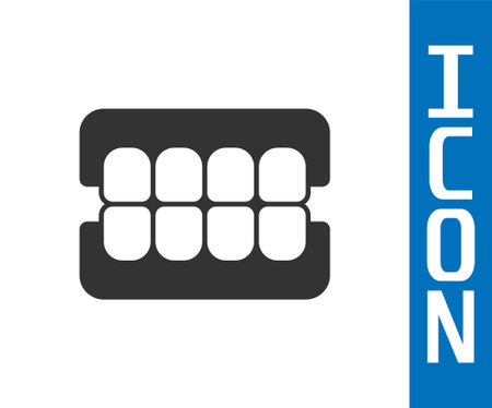 Grey False jaw icon isolated on white background. Dental jaw or dentures, false teeth with incisors. Vectorのイラスト素材