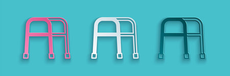 Paper cut Walker for disabled person icon isolated on blue background. Paper art style. Vector