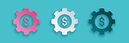 Paper cut Gear with dollar symbol icon isolated on blue background. Business and finance conceptual icon. Paper art style. Vectorのイラスト素材
