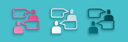 Paper cut Two sitting men talking icon isolated on blue background. Speech bubble chat. Message icon. Communication or comment chat symbol. Paper art style. Vectorのイラスト素材