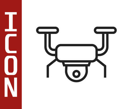 Black line Drone flying icon isolated on white background. Quadrocopter with video and photo camera symbol. Vectorのイラスト素材