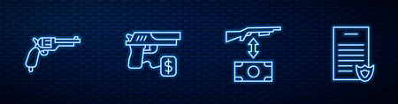 Set line Buying assault rifle, Revolver gun, pistol and Firearms license certificate. Glowing neon...