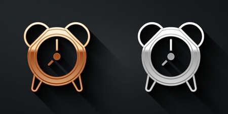 Gold and silver Alarm clock icon isolated on black background. Wake up, get up concept. Time sign. Long shadow style. Vectorのイラスト素材