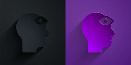 Paper cut Man with third eye icon isolated on black on purple background. The concept of meditation, vision of energy, aura. Paper art style. Vectorのイラスト素材