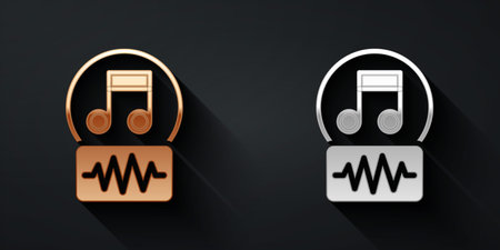Gold and silver Music note, tone icon isolated on black background. Long shadow style. Vector