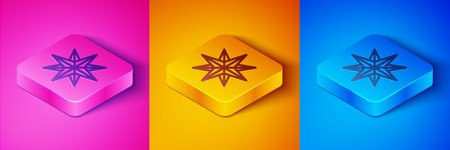 Isometric line Wind rose icon isolated on pink and orange, blue background. Compass icon for travel....