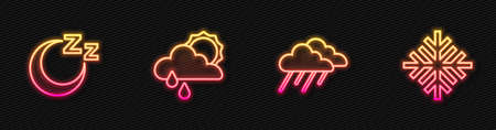 Set line Cloud with rain, Time to sleep, and sun and Snowflake. Glowing neon icon. Vectorのイラスト素材