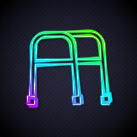Glowing neon line Walker for disabled person icon isolated on black background. Vectorのイラスト素材