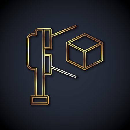 Gold line 3D scanner with cube projection icon isolated on black background. Vectorのイラスト素材