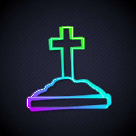 Glowing neon line Grave with cross icon isolated on black background. Vectorのイラスト素材