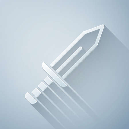 Paper cut Sword icon isolated on grey background. Medieval weapon. Paper art style. Vectorのイラスト素材