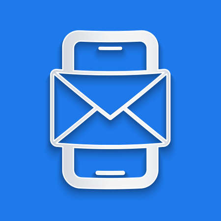 Paper cut Mobile and envelope, new message, mail icon isolated on blue background. Usage for e-mail newsletters, headers, blog posts. Paper art style. Vectorのイラスト素材
