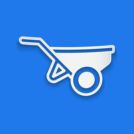 Paper cut Wheelbarrow with dirt icon isolated on blue background. Tool equipment. Agriculture cart wheel farm. Paper art style. Vectorのイラスト素材