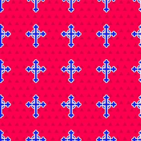 Blue Christian cross icon isolated seamless pattern on red background. Church cross. Vectorのイラスト素材