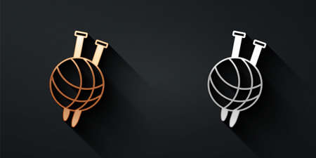 Gold and silver Yarn ball with knitting needles icon isolated on black background. Label for hand made, knitting or tailor shop. Long shadow style. Vectorのイラスト素材
