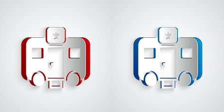 Paper cut Machine trailer dressing room for actors icon isolated on grey background. Movie crew rest room. Star sleeping place. Film vehicle. Paper art style. Vectorのイラスト素材