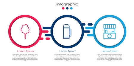 Set line Cotton candy, bottle container and Street stall with awning. Business infographic template. Vectorのイラスト素材