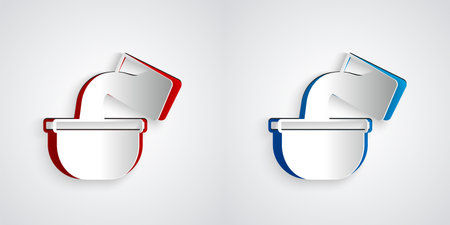 Paper cut Saucepan icon isolated on grey background. Cooking pot. Boil or stew food symbol. Paper art style. Vectorのイラスト素材