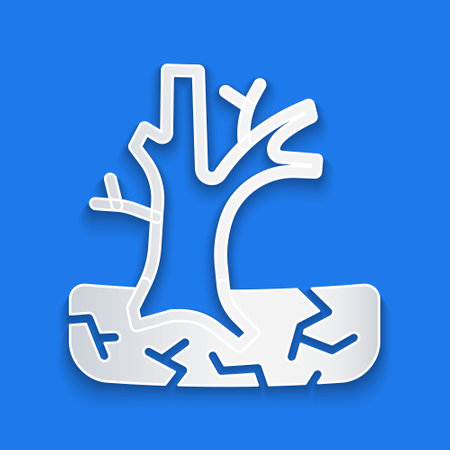 Paper cut Withered tree icon isolated on blue background. Bare tree. Dead tree silhouette. Paper art style. Vectorのイラスト素材