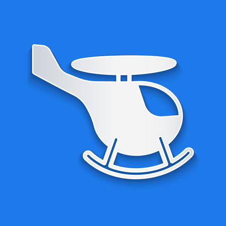 Paper cut Helicopter aircraft vehicle icon isolated on blue background. Paper art style. Vectorのイラスト素材