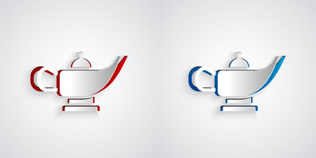 Paper cut Magic lamp or Aladdin lamp icon isolated on grey background. Spiritual lamp for wish. Paper art style. Vectorのイラスト素材
