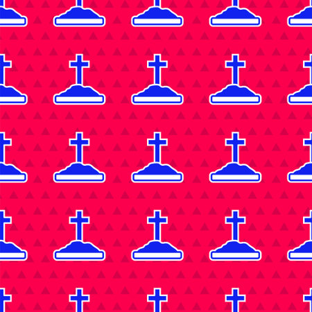 Blue Grave with cross icon isolated seamless pattern on red background. Vectorのイラスト素材