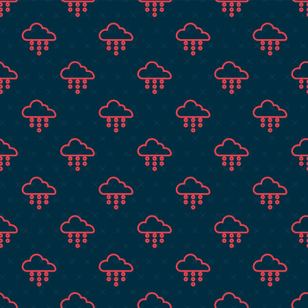 Red line Cloud with rain icon isolated seamless pattern on black background. Rain cloud precipitation with rain drops. Vectorのイラスト素材