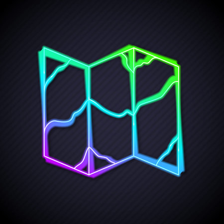Glowing neon line Folded map icon isolated on black background. Vectorのイラスト素材