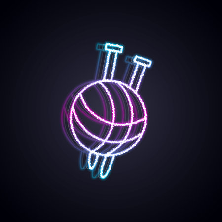 Glowing neon line Yarn ball with knitting needles icon isolated on black background. Label for hand made, knitting or tailor shop. Vectorのイラスト素材