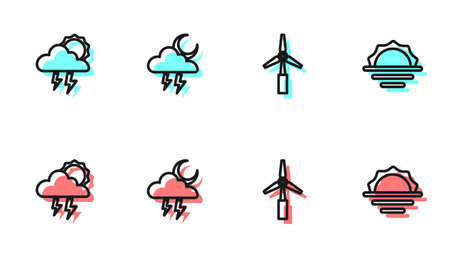 Set line Wind turbine, Storm, and Sunrise icon. Vectorのイラスト素材